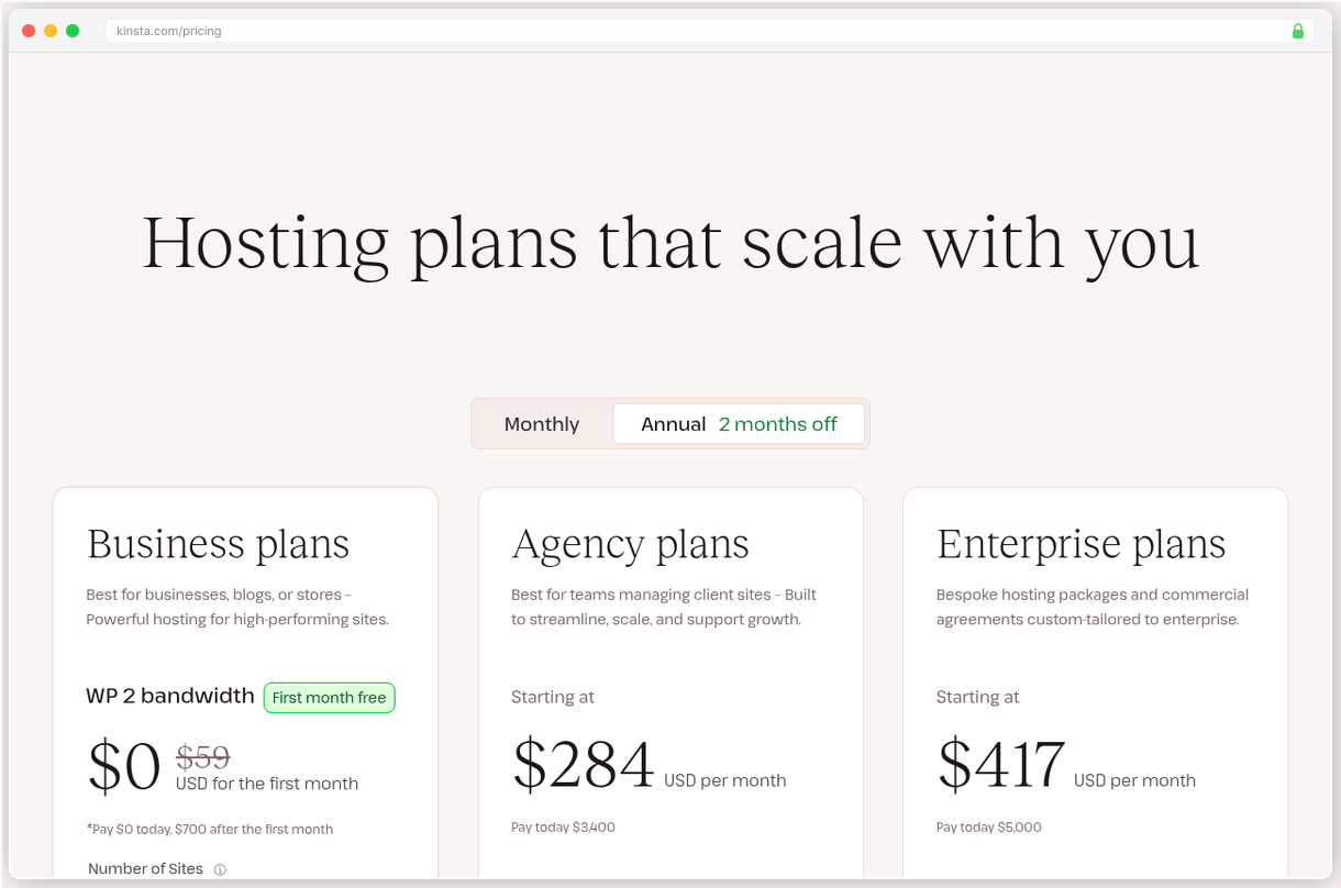 Kinsta pricing plans showing starter through enterprise tiers