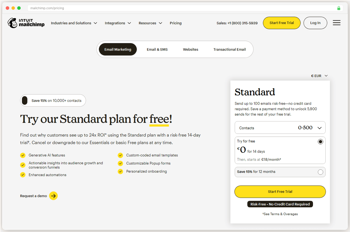 Mailchimp pricing page showing the steep jump from free to paid plans